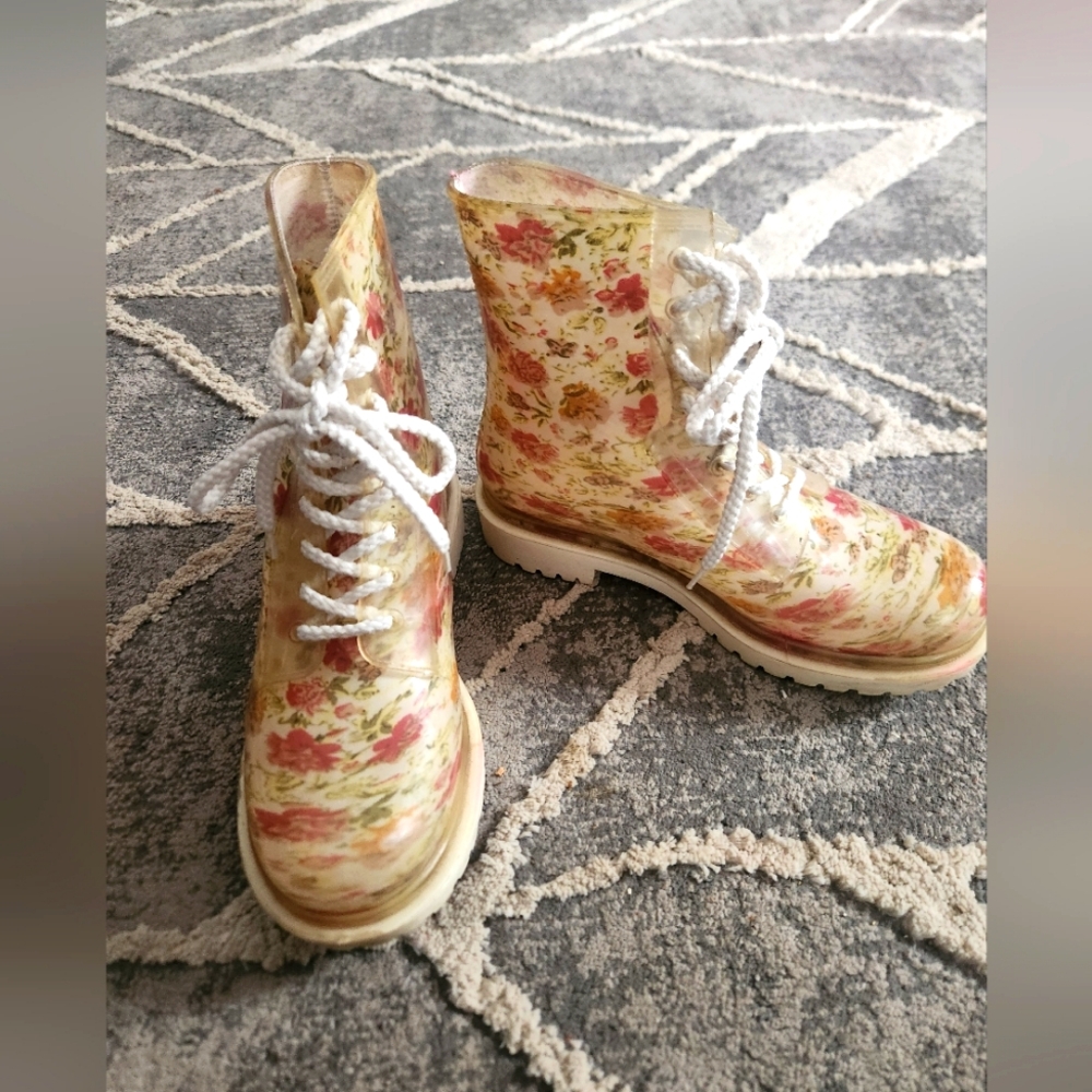 Dirty Laundry Floral Clear Rain Boots - Pink, Cream, Green